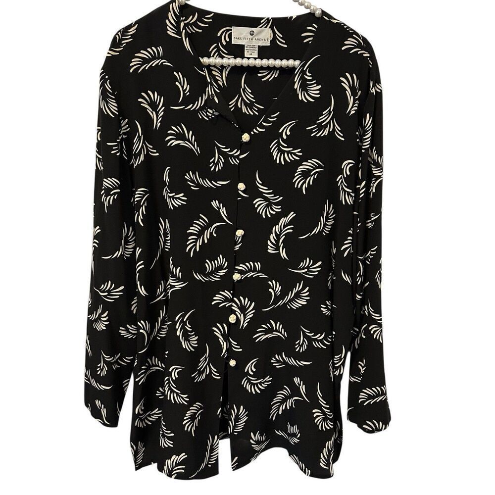 Vintage Saks Fifth Avenue Shirt Womens 16 Black Silk Button Up Modest Satin Scar